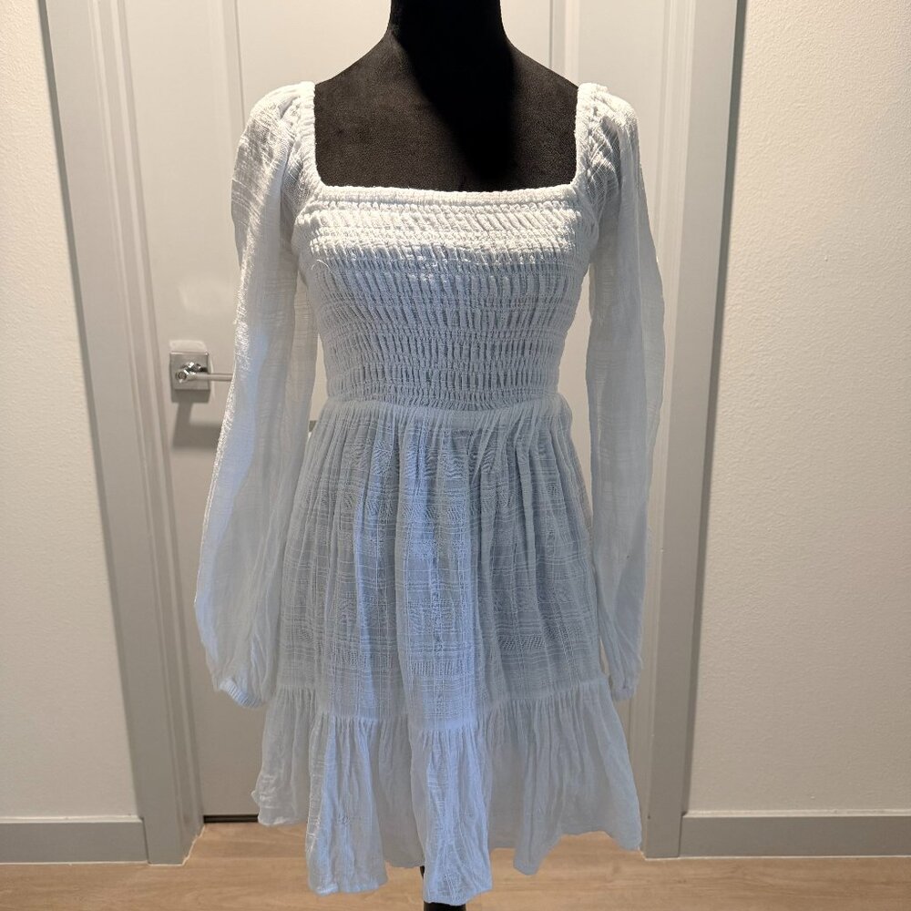 L Space White Long Sleeve Tiered Square Neck Mini Dress Milkmaid Beach Boho Sz S
